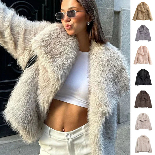 Women’s Winter Plush Coat – Thickened Lapel, Casual Long Sleeve, Fashionable Outerwear